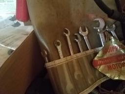 box lot of tools, wrenches, saw, bolts and nuts