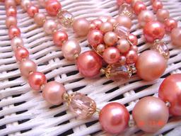 c1970s: 18" Triple Strand Necklace and 1" Earrings Pink Coral and Salmon
