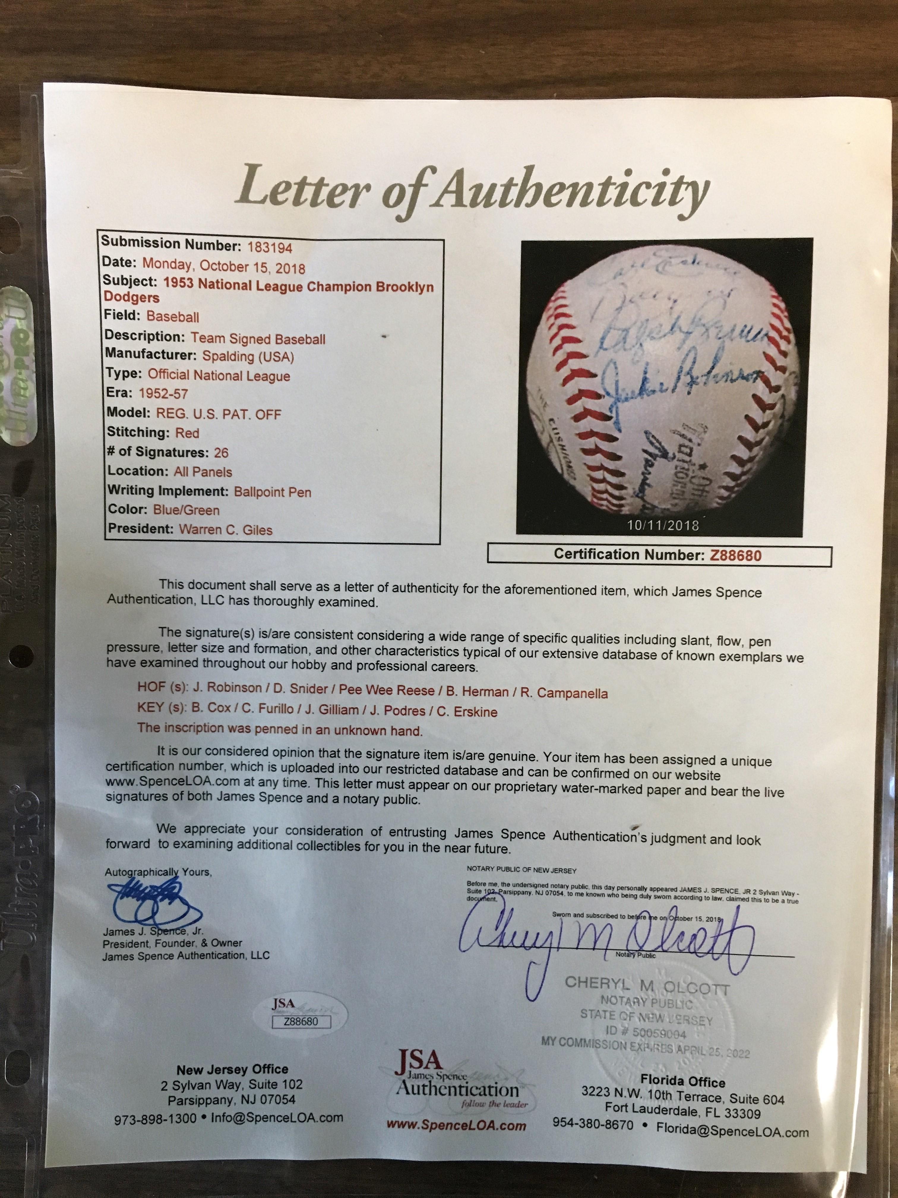 1953 National League Champion Brooklyn Dodger Team signed ball - all original w/Jackie Robinson, Roy