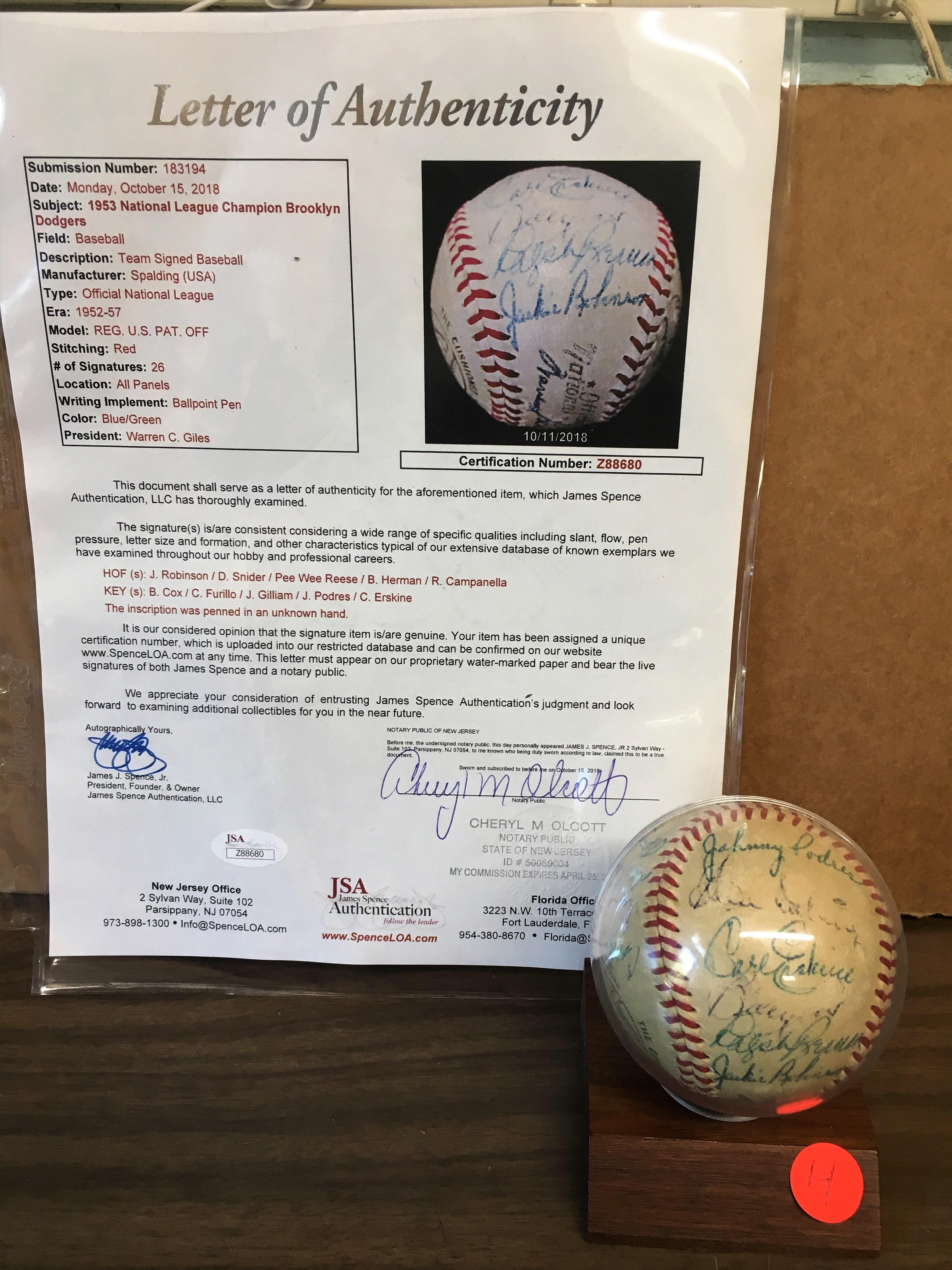 1953 National League Champion Brooklyn Dodger Team signed ball - all original w/Jackie Robinson, Roy