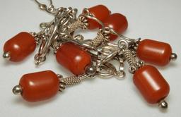 Nice Silver Tone and Cinnabar Colored Bead Necklace