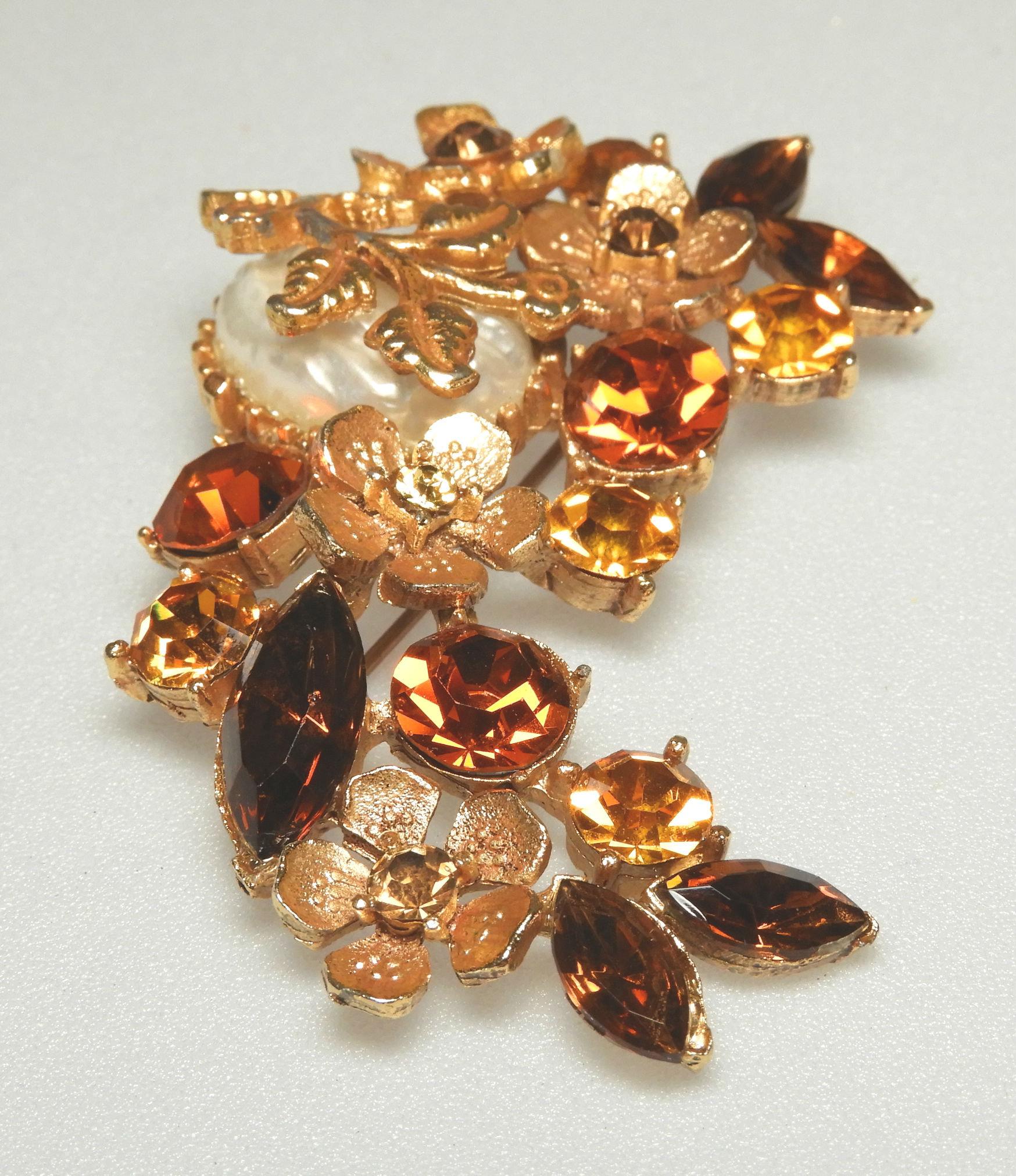 Vintage Amber and Mocha Rhinestone Brooch