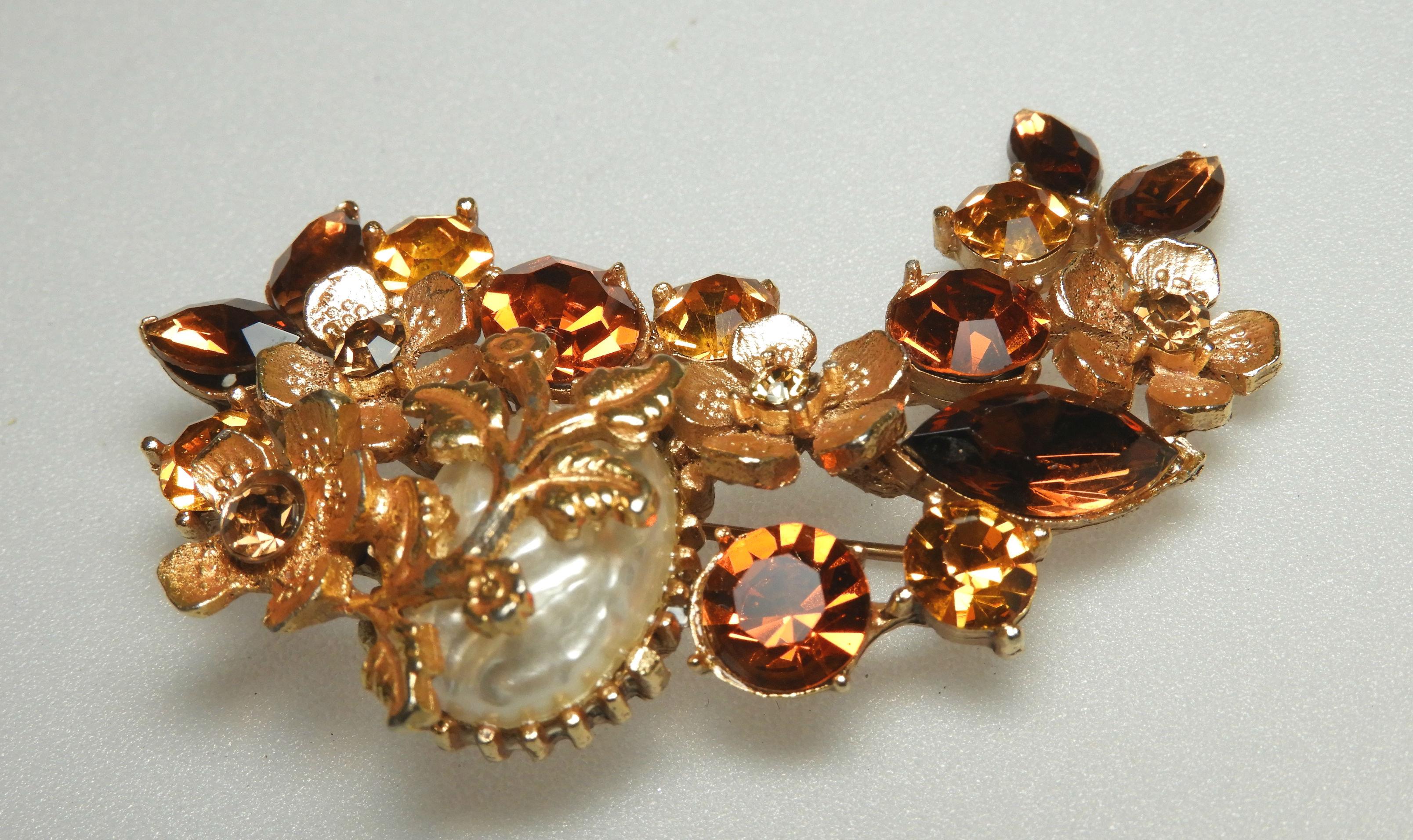 Vintage Amber and Mocha Rhinestone Brooch