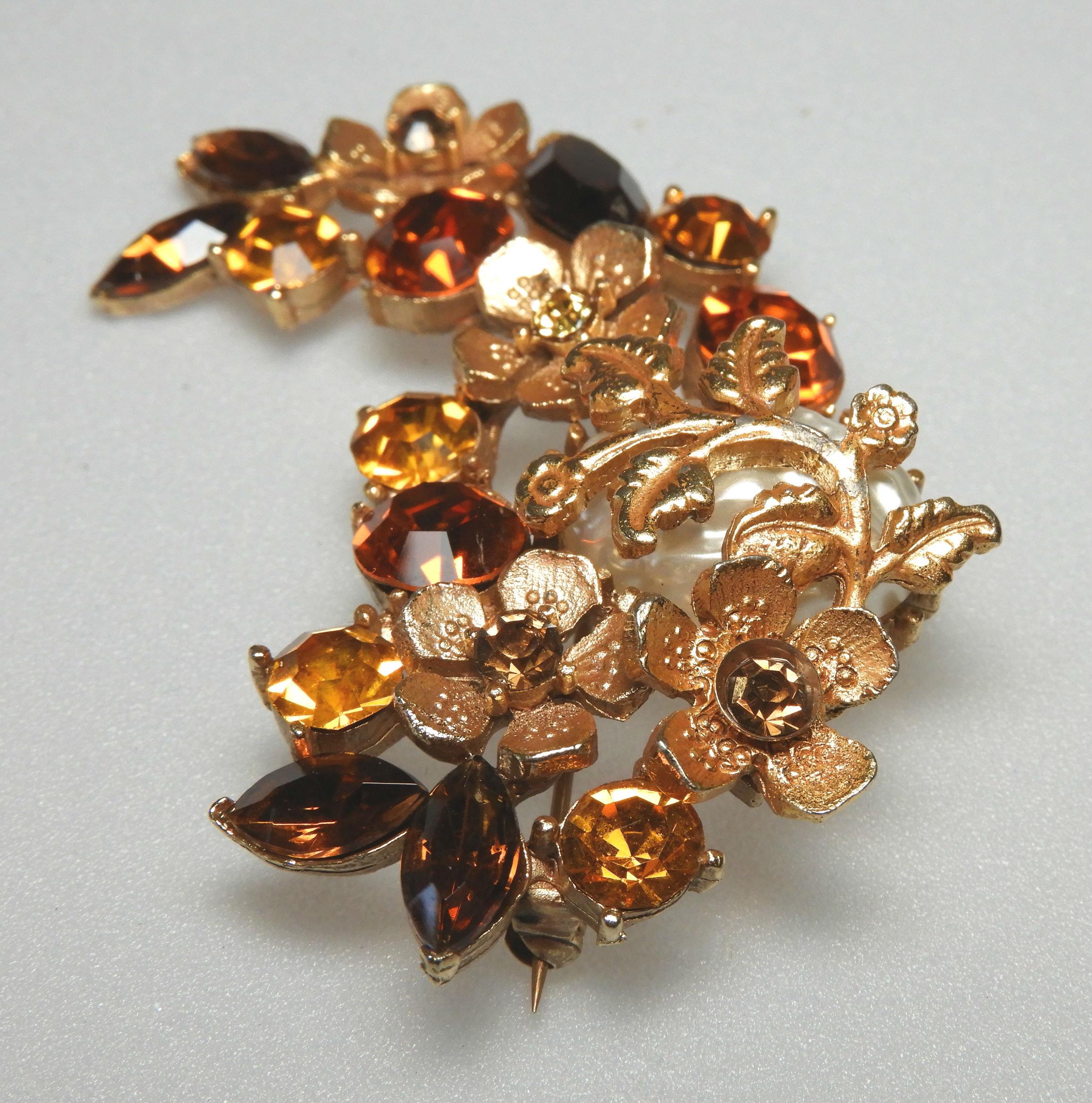 Vintage Amber and Mocha Rhinestone Brooch