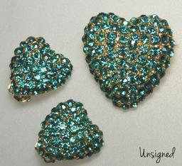 Vintage Aqua Rhinestone Brooch and Earring Set