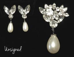 Vintage Pearl and Rhinestone Drop Brooch and Earrings