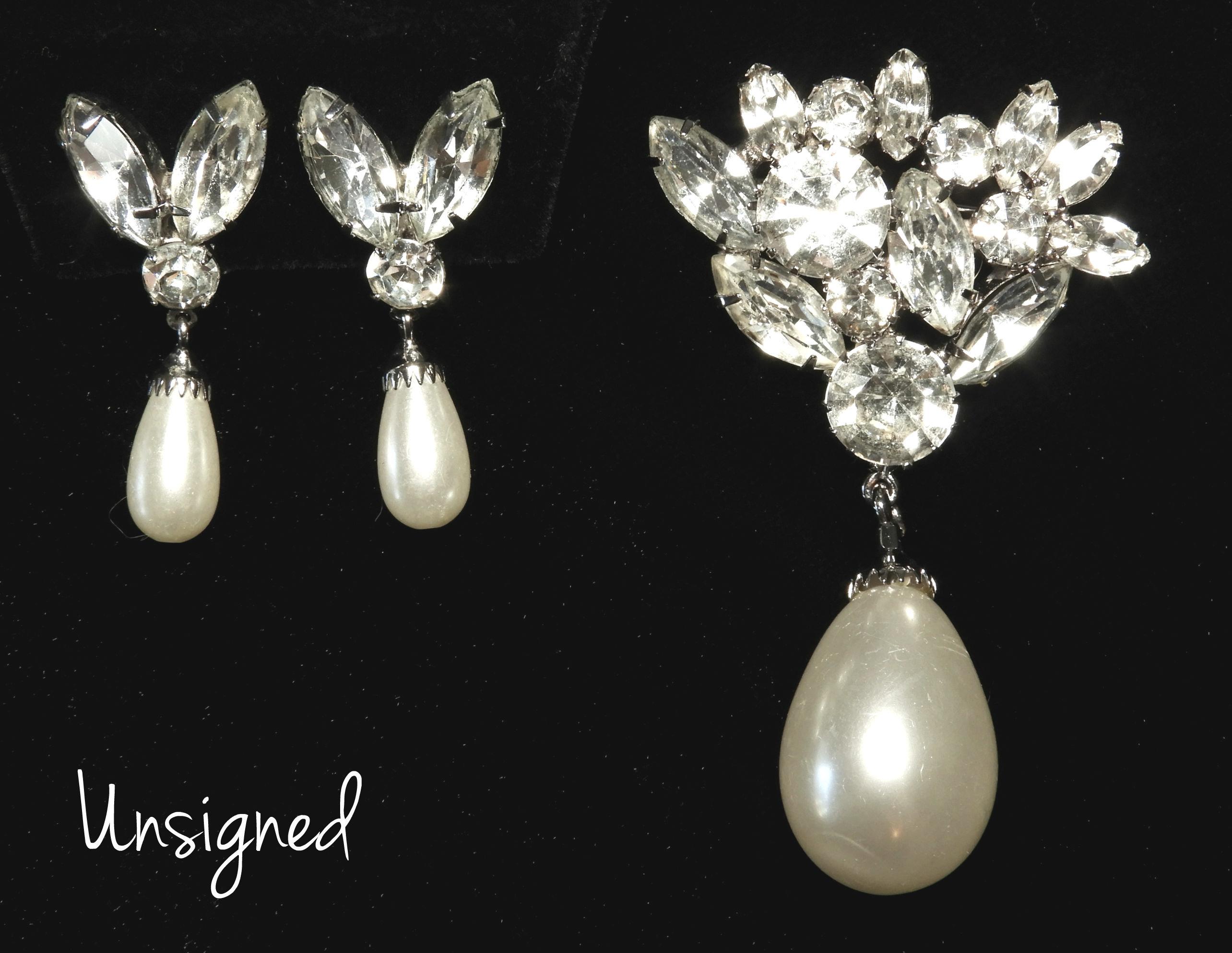 Vintage Pearl and Rhinestone Drop Brooch and Earrings