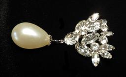 Vintage Pearl and Rhinestone Drop Brooch and Earrings