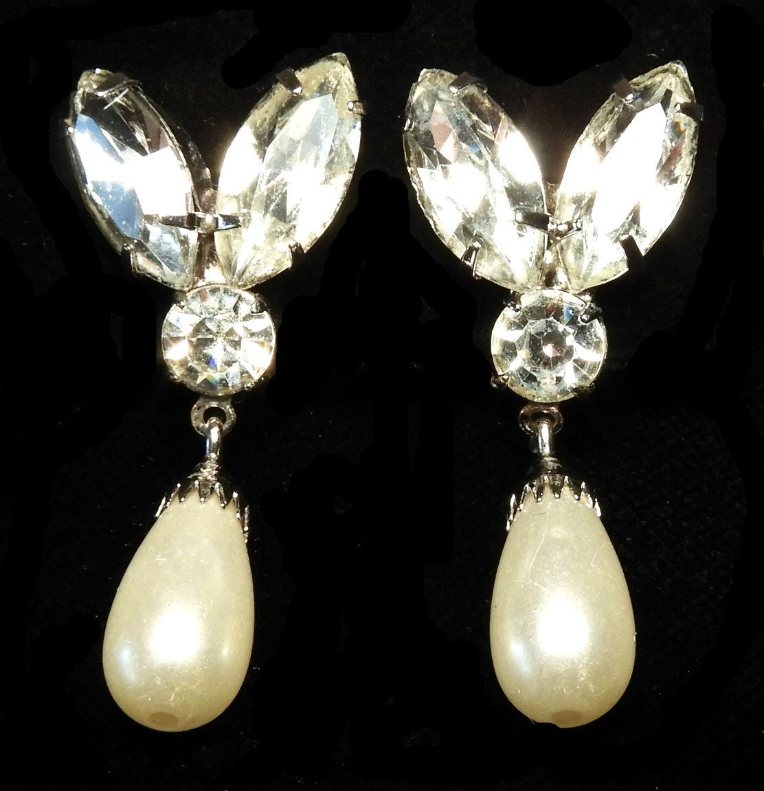 Vintage Pearl and Rhinestone Drop Brooch and Earrings