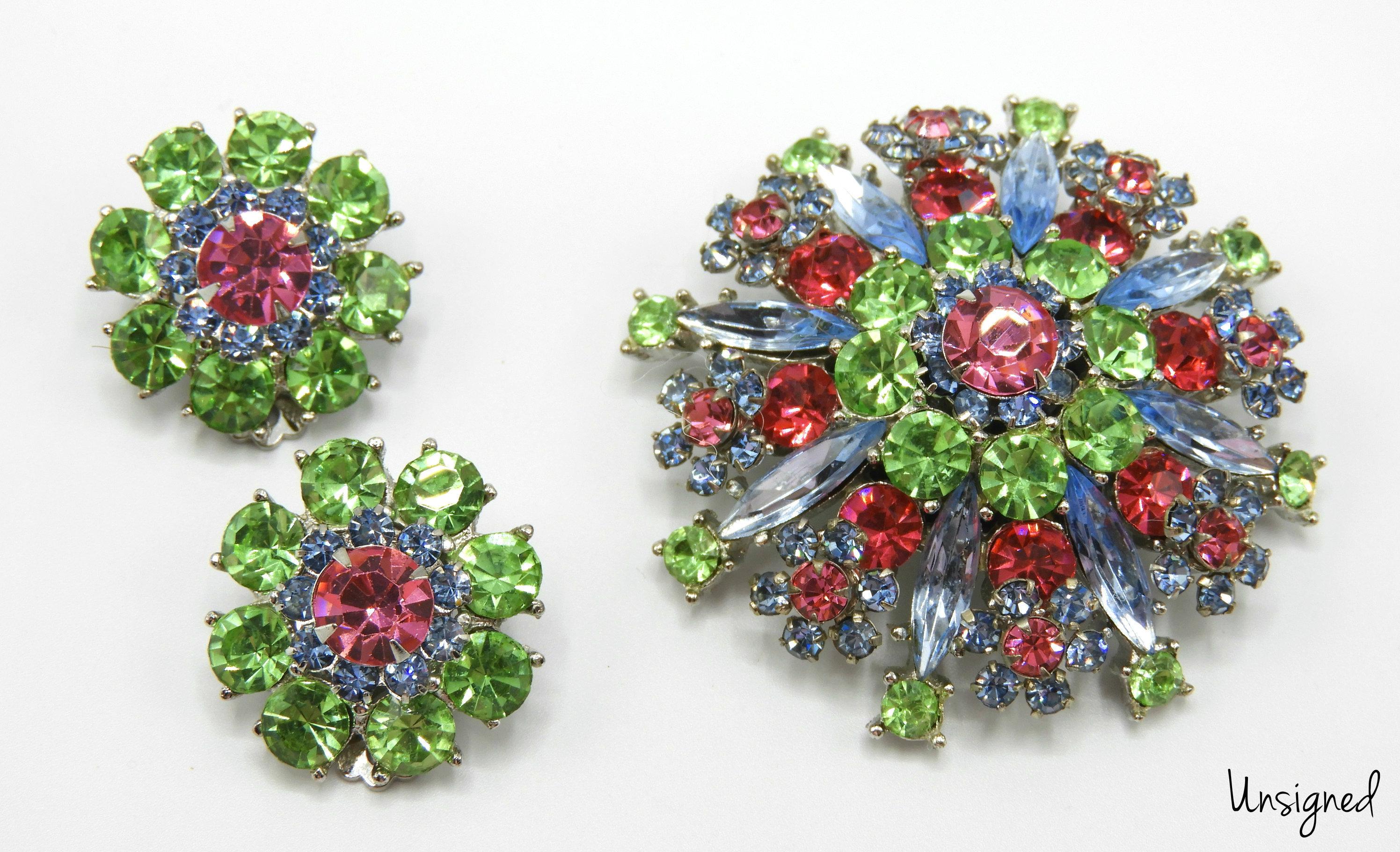 Vintage Green, Blue, and Pink Rhinestone Brooch and Earring Set
