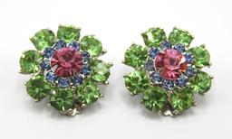 Vintage Green, Blue, and Pink Rhinestone Brooch and Earring Set