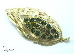 Vintage Lisner Green Rhinestone Brooch