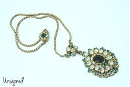 Vintage Opaline and Green Rhinestone Pendant Necklace