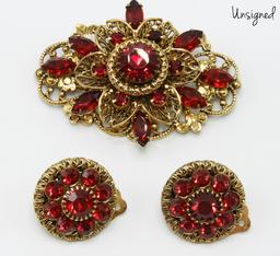 Vintage Red Rhinestone and Gold Tone Brooch and Earring Set