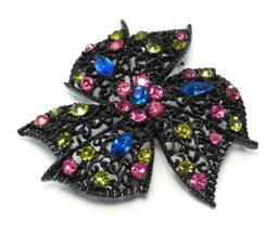 Vintage Japanned Brooch With Bright Rhinestones