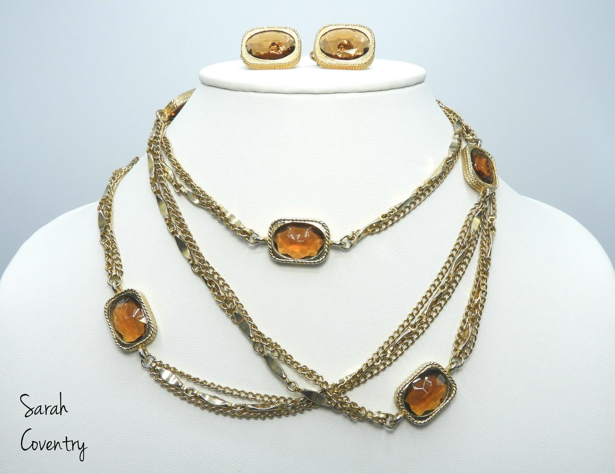 Vintage Sarah Coventry Gold Tone and Amber Bead Necklace