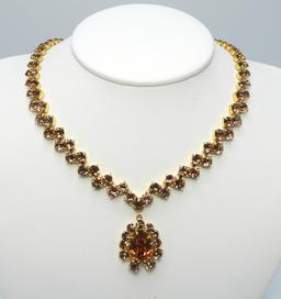 Vintage Amber Colored Rhinestone Necklace with Drop