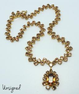 Vintage Amber Colored Rhinestone Necklace with Drop