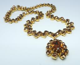 Vintage Amber Colored Rhinestone Necklace with Drop
