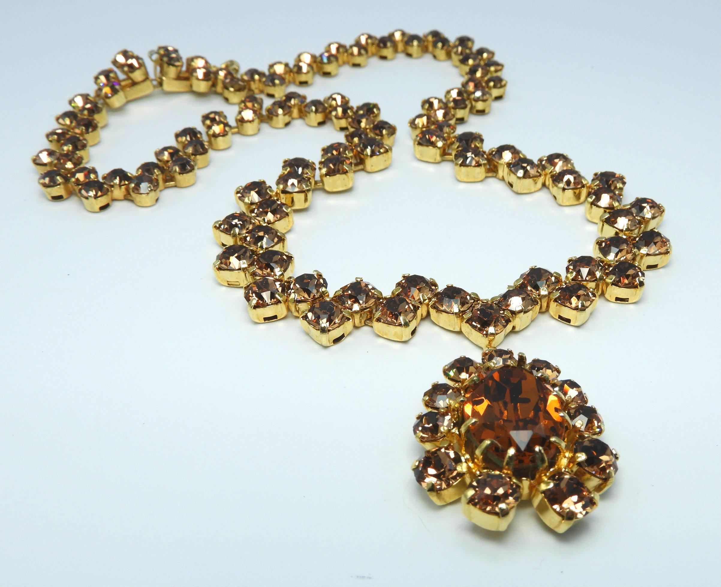 Vintage Amber Colored Rhinestone Necklace with Drop