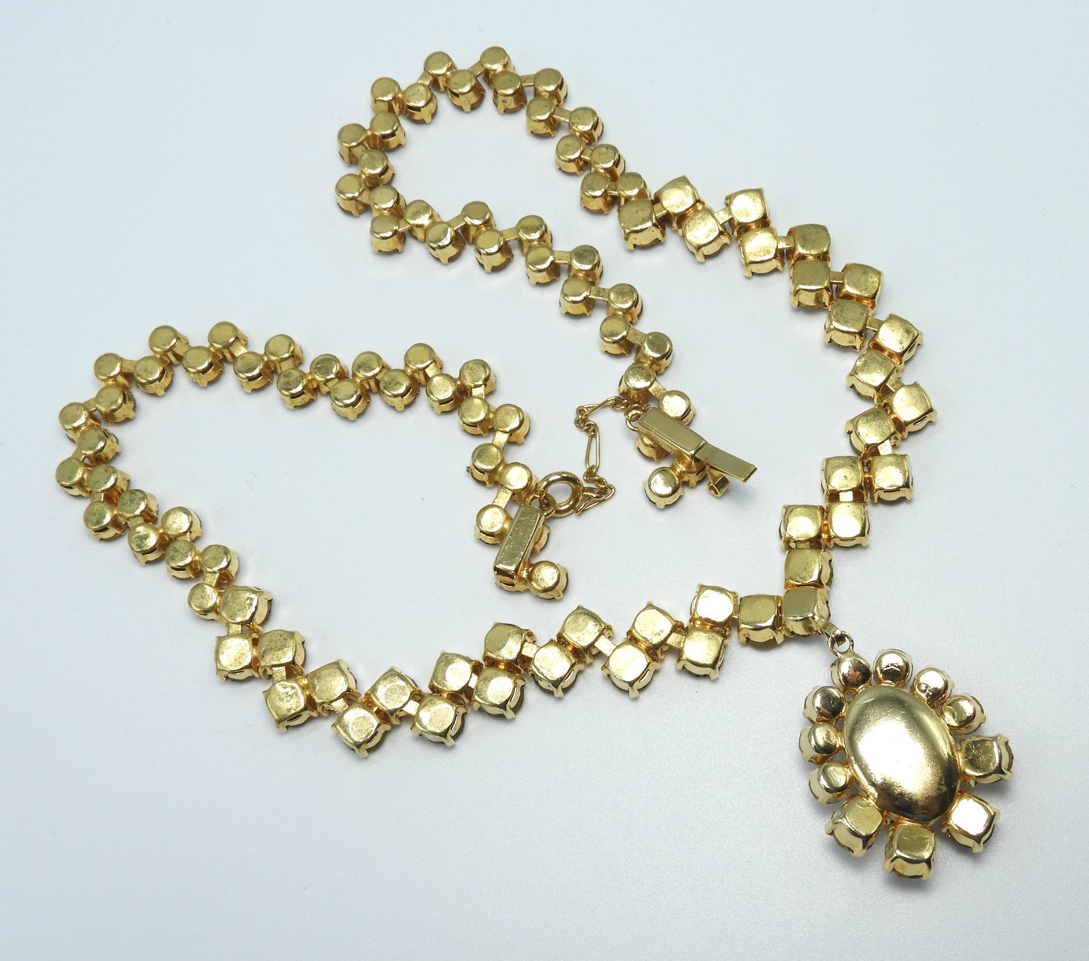 Vintage Amber Colored Rhinestone Necklace with Drop