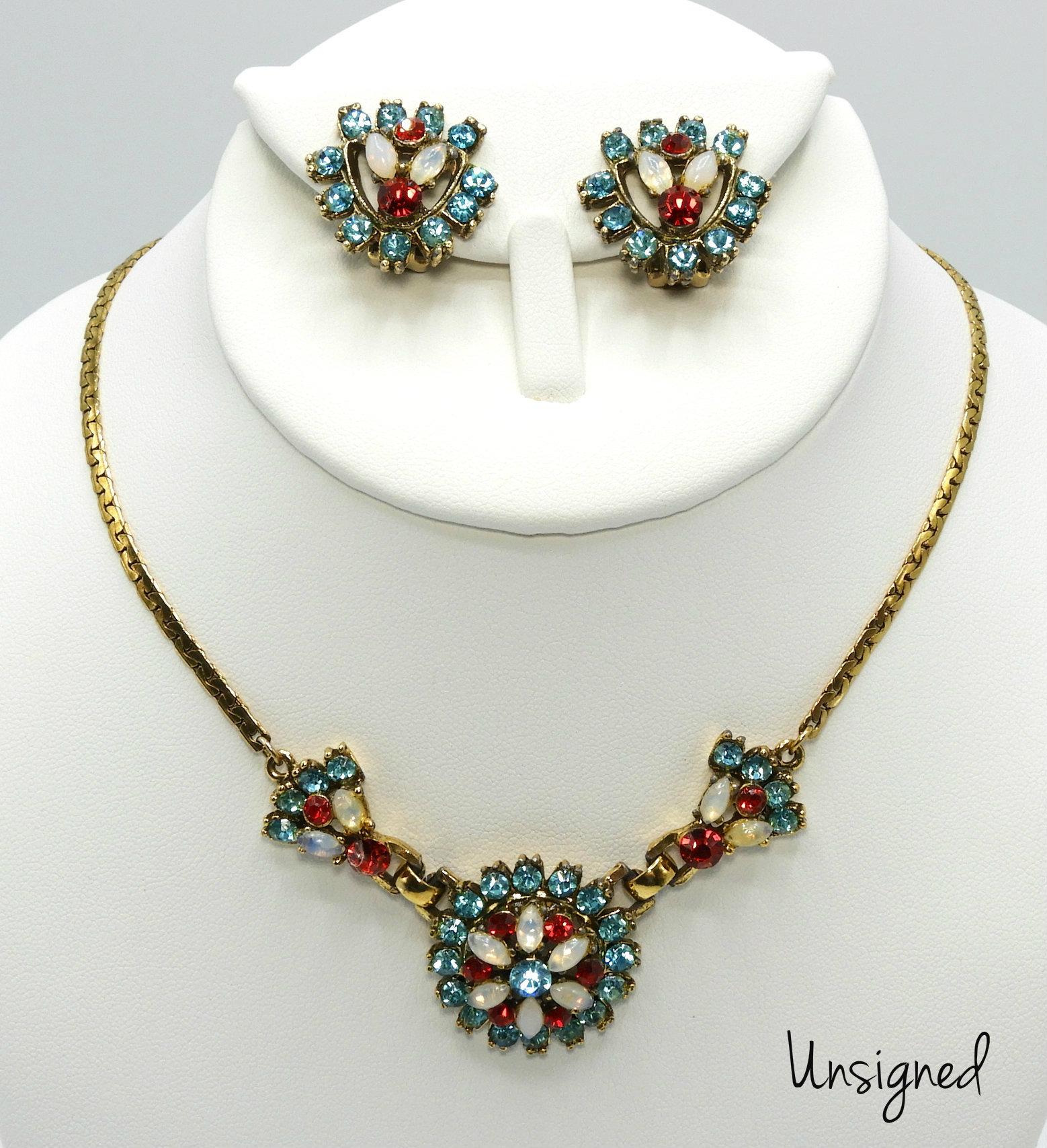 Vintage Aqua, Opaline, and Red Rhinestone Necklace and Earrings Set