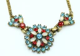 Vintage Aqua, Opaline, and Red Rhinestone Necklace and Earrings Set