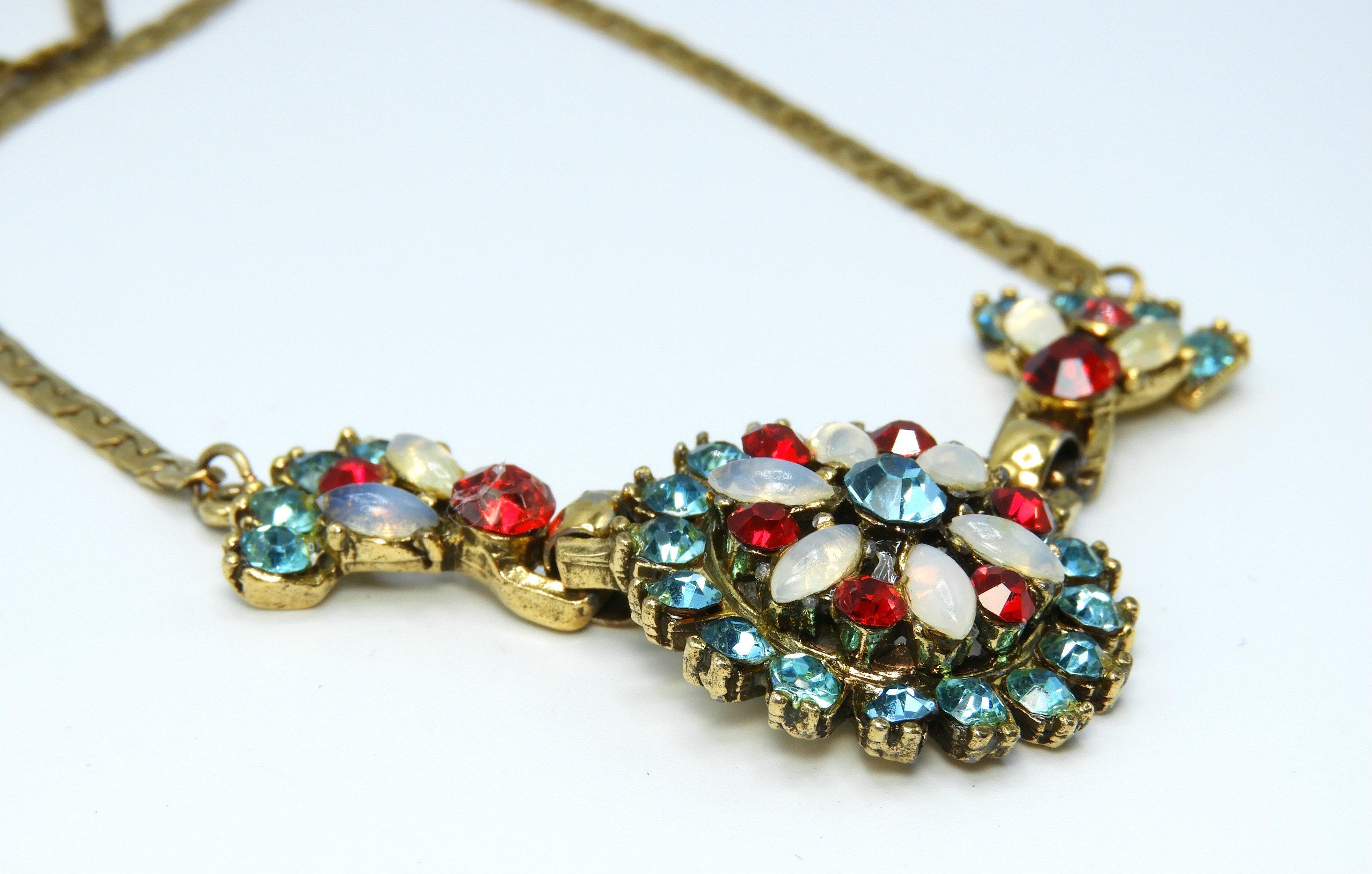 Vintage Aqua, Opaline, and Red Rhinestone Necklace and Earrings Set