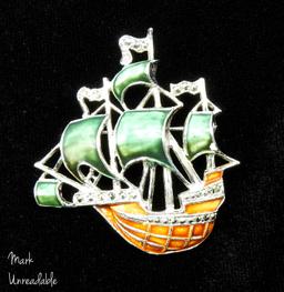 Vintage Enameled Sailing Ship Brooch