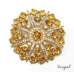 Vintage Citrine and Crystal Rhinestone Brooch