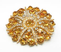 Vintage Citrine and Crystal Rhinestone Brooch