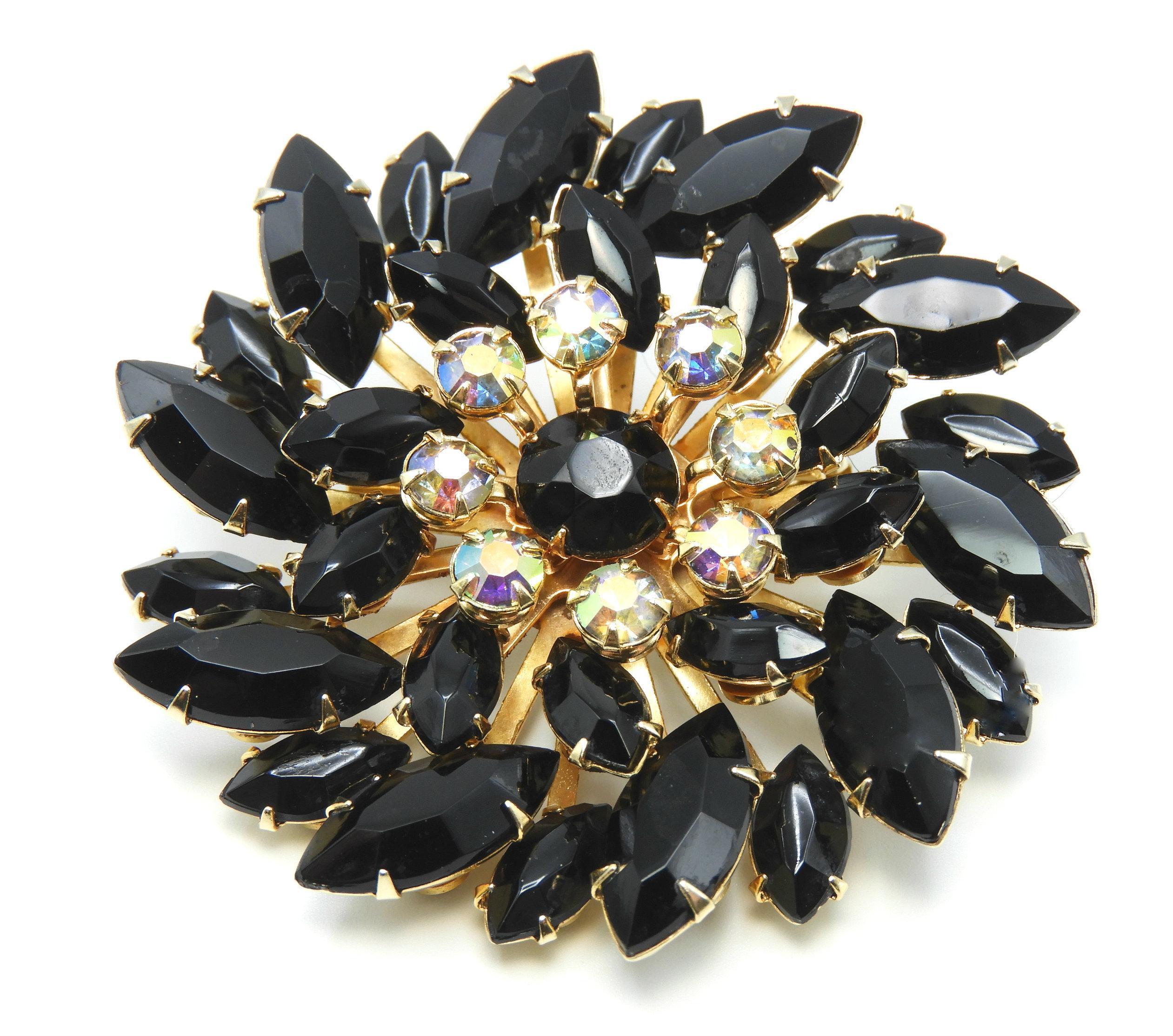 Vintage Black Navette Rhinestone Brooch and Earring Set