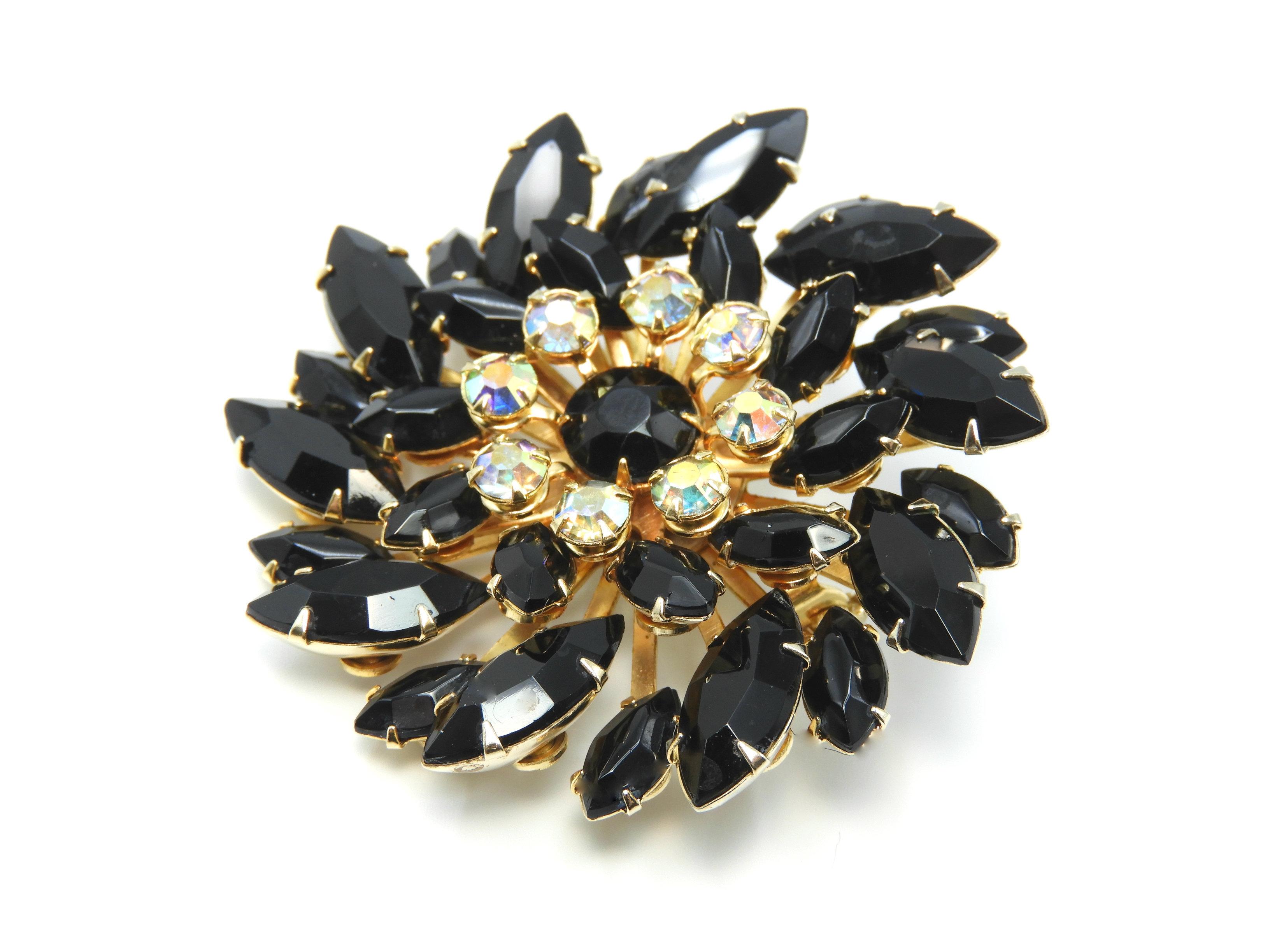 Vintage Black Navette Rhinestone Brooch and Earring Set