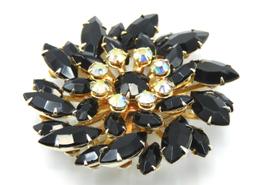 Vintage Black Navette Rhinestone Brooch and Earring Set