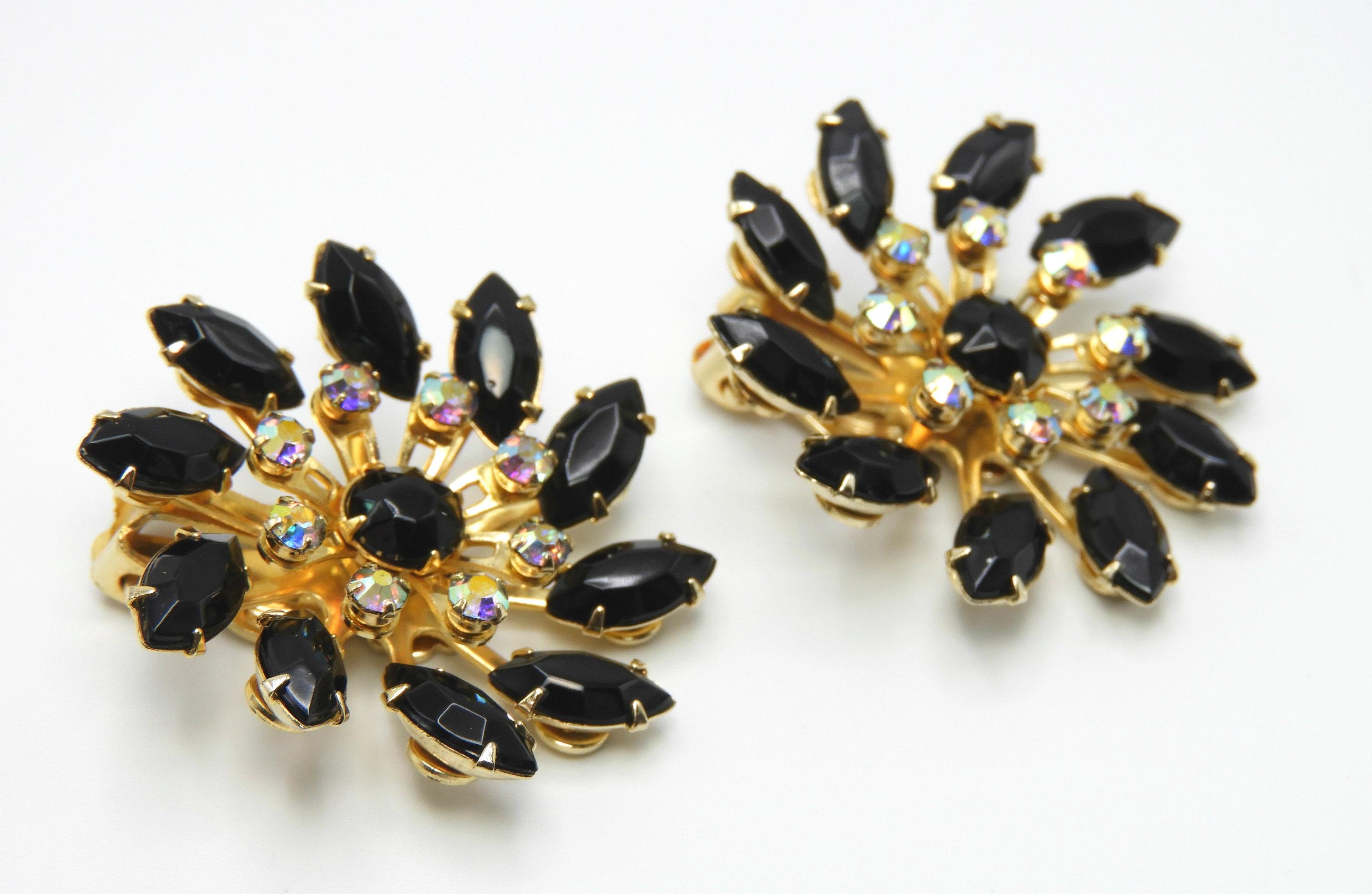 Vintage Black Navette Rhinestone Brooch and Earring Set