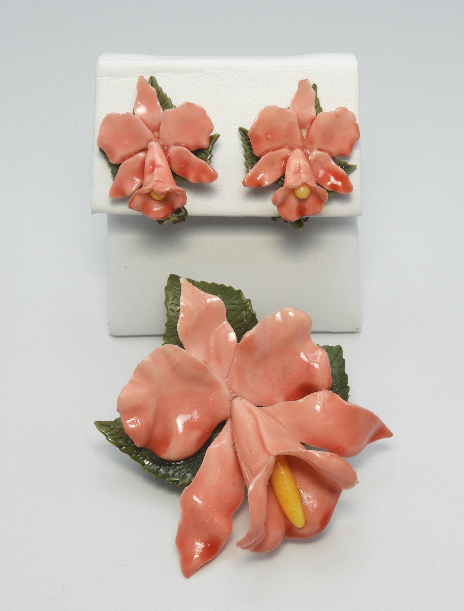 Vintage Plastic Orchid Brooch and Earring Set