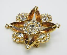 Vintage Clear and Amber Rhinestone Brooch