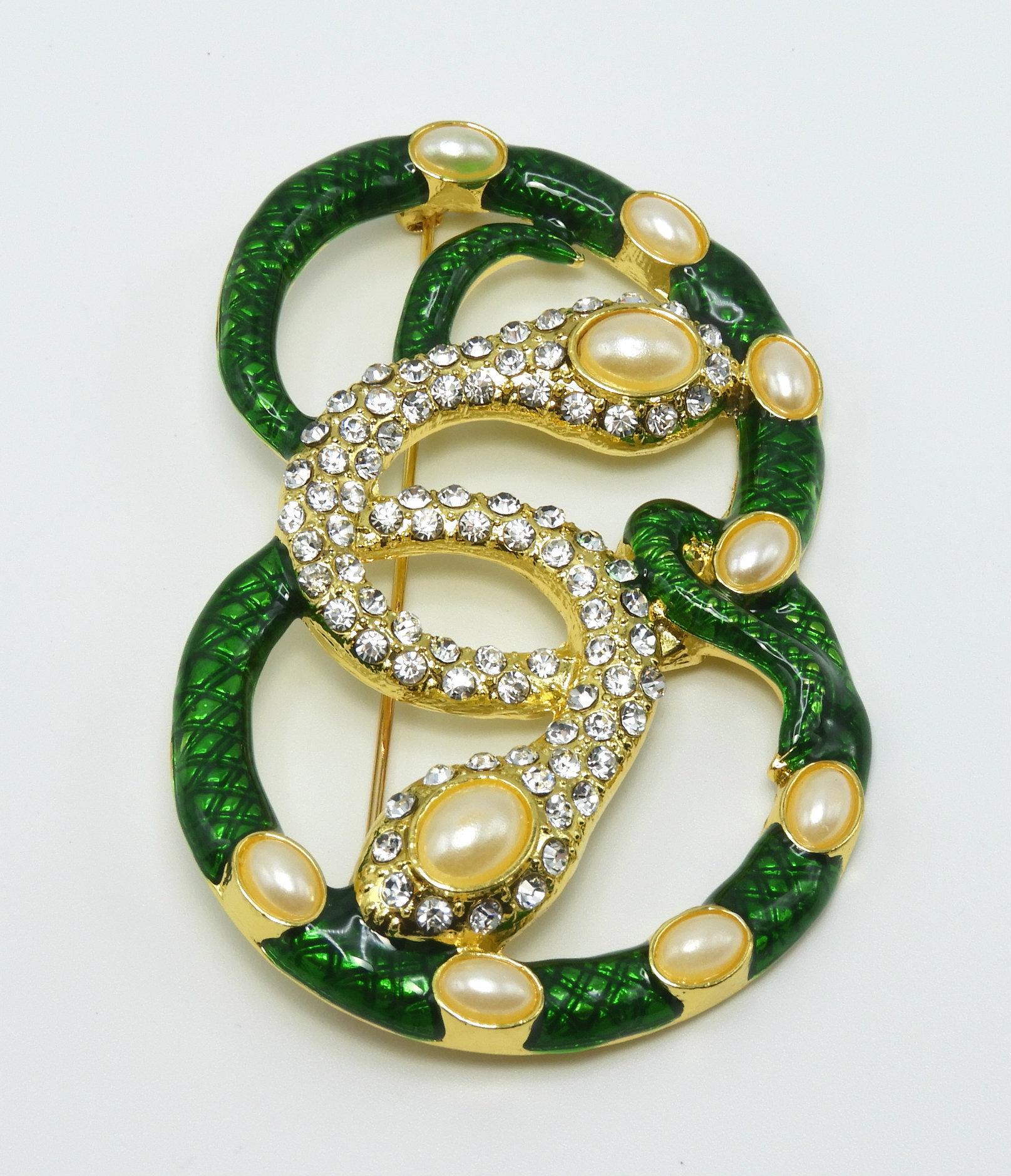 Enamel and Faux Pearl Serpent Brooch