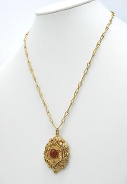 Vintage Victorian Revival Gold Tone Faux Carnelian Necklace