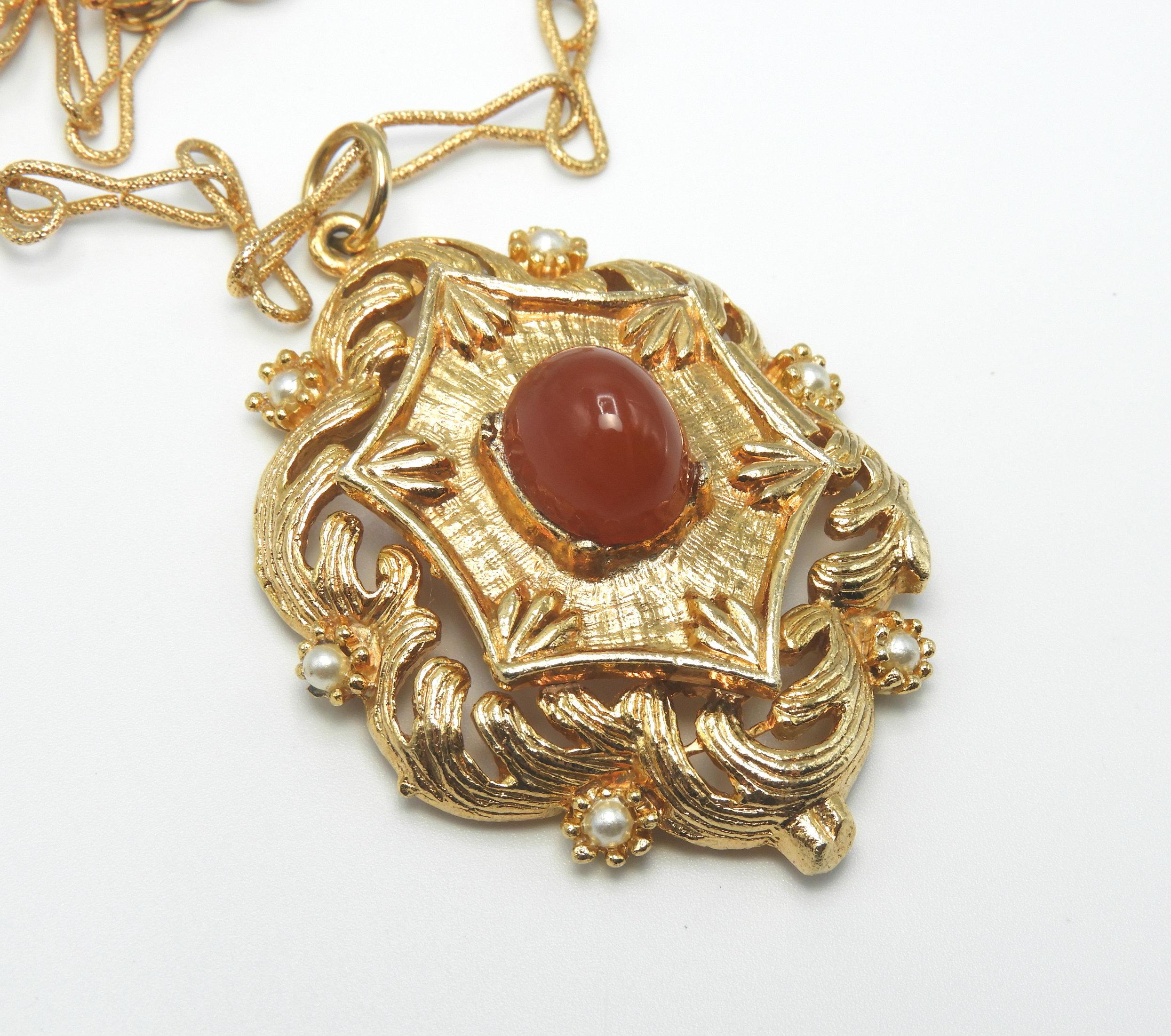 Vintage Victorian Revival Gold Tone Faux Carnelian Necklace