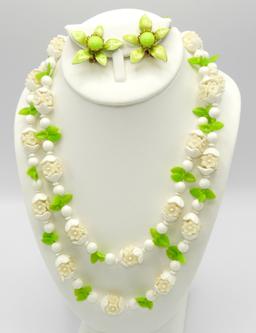 Vintage Green and White Necklace and Earrings