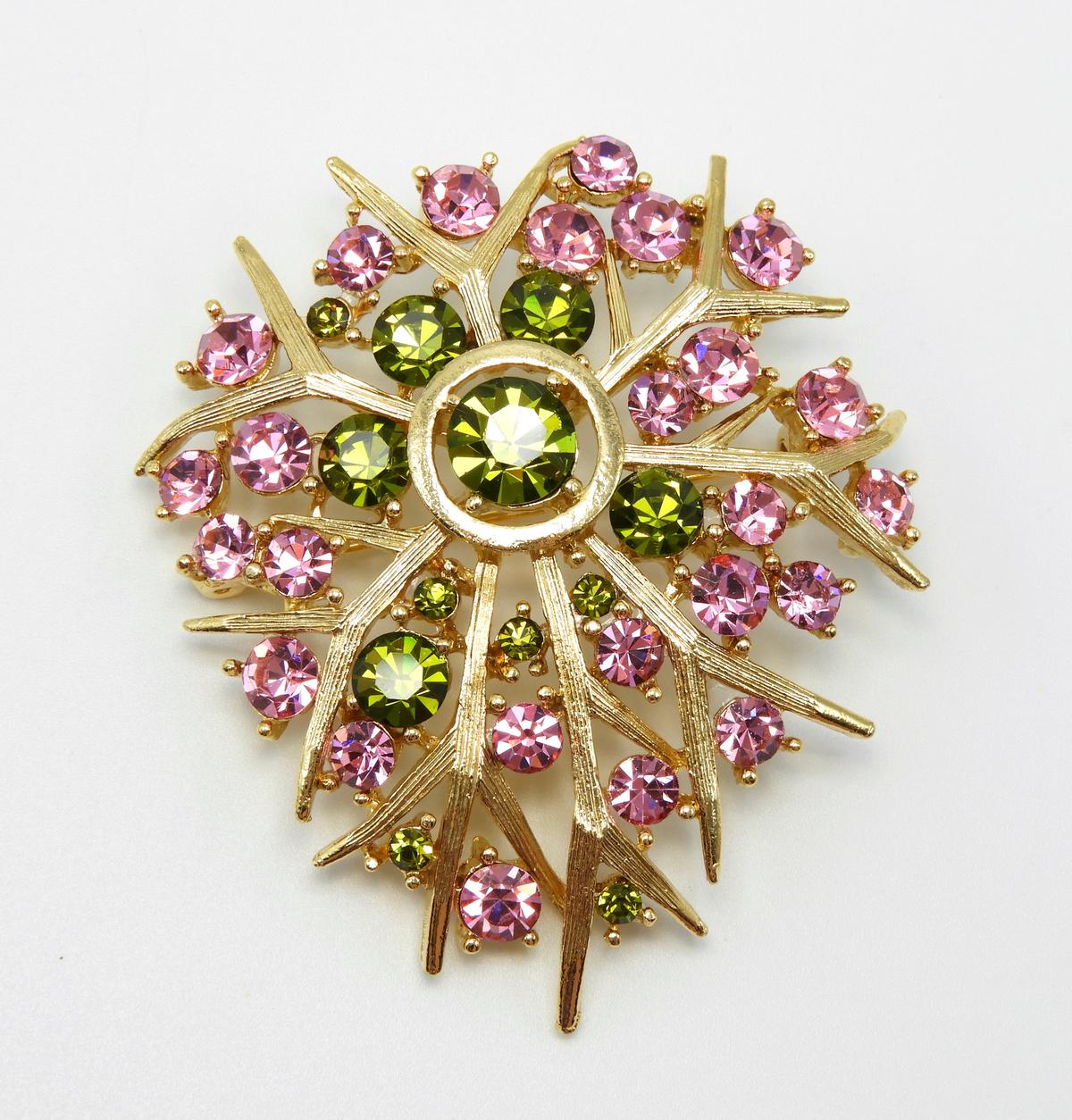 Vintage Lisner Olivine and Pink Rhinestone Brooch