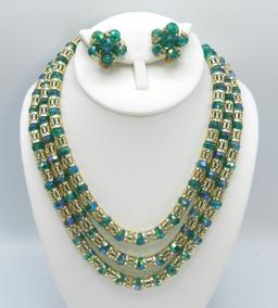 Vintage Green Bead Necklace and Earring Set