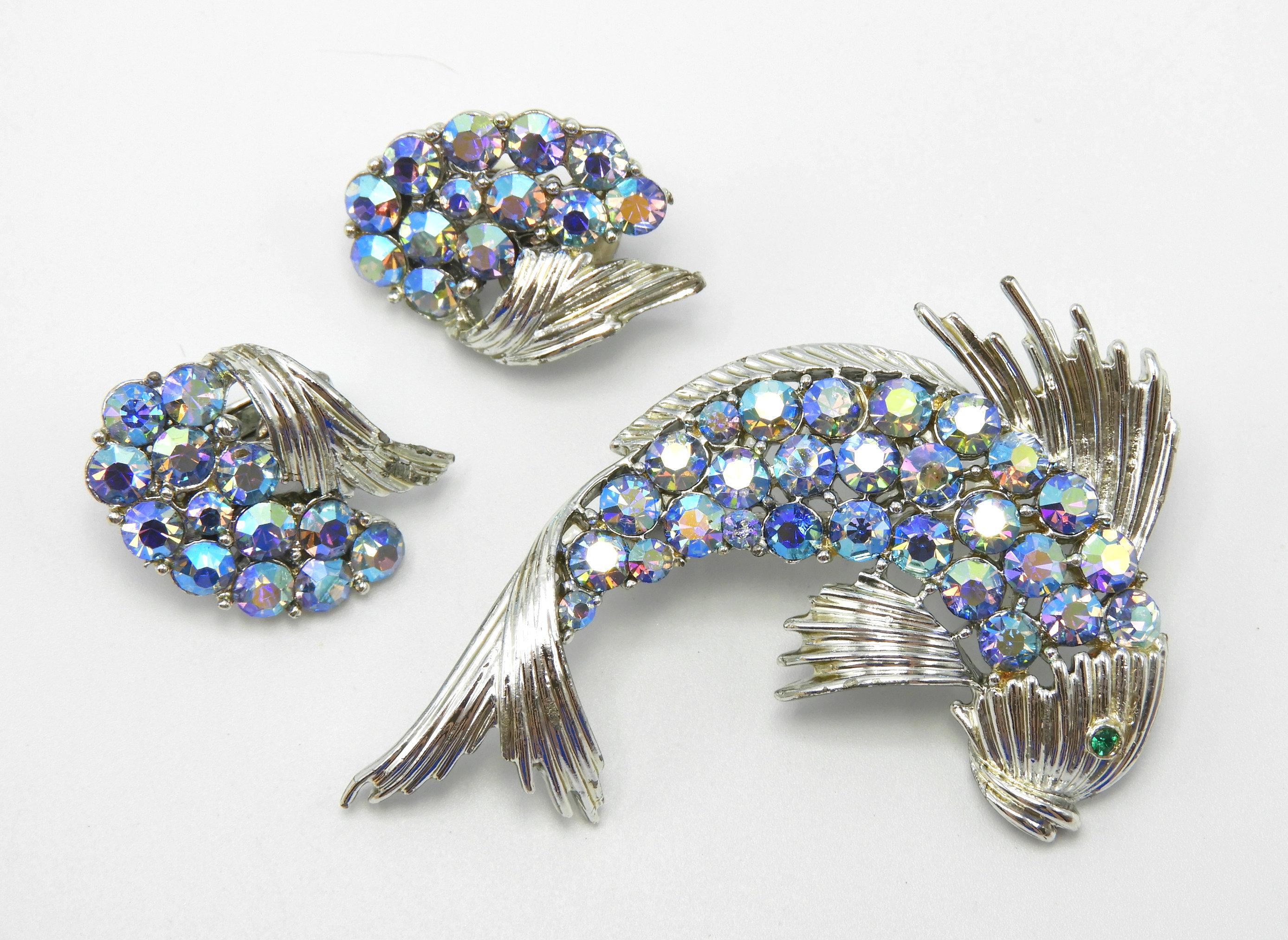 Vintage Coro Pegasus Silvertone and AB Rhinestone Fish Brooch and Earring Set