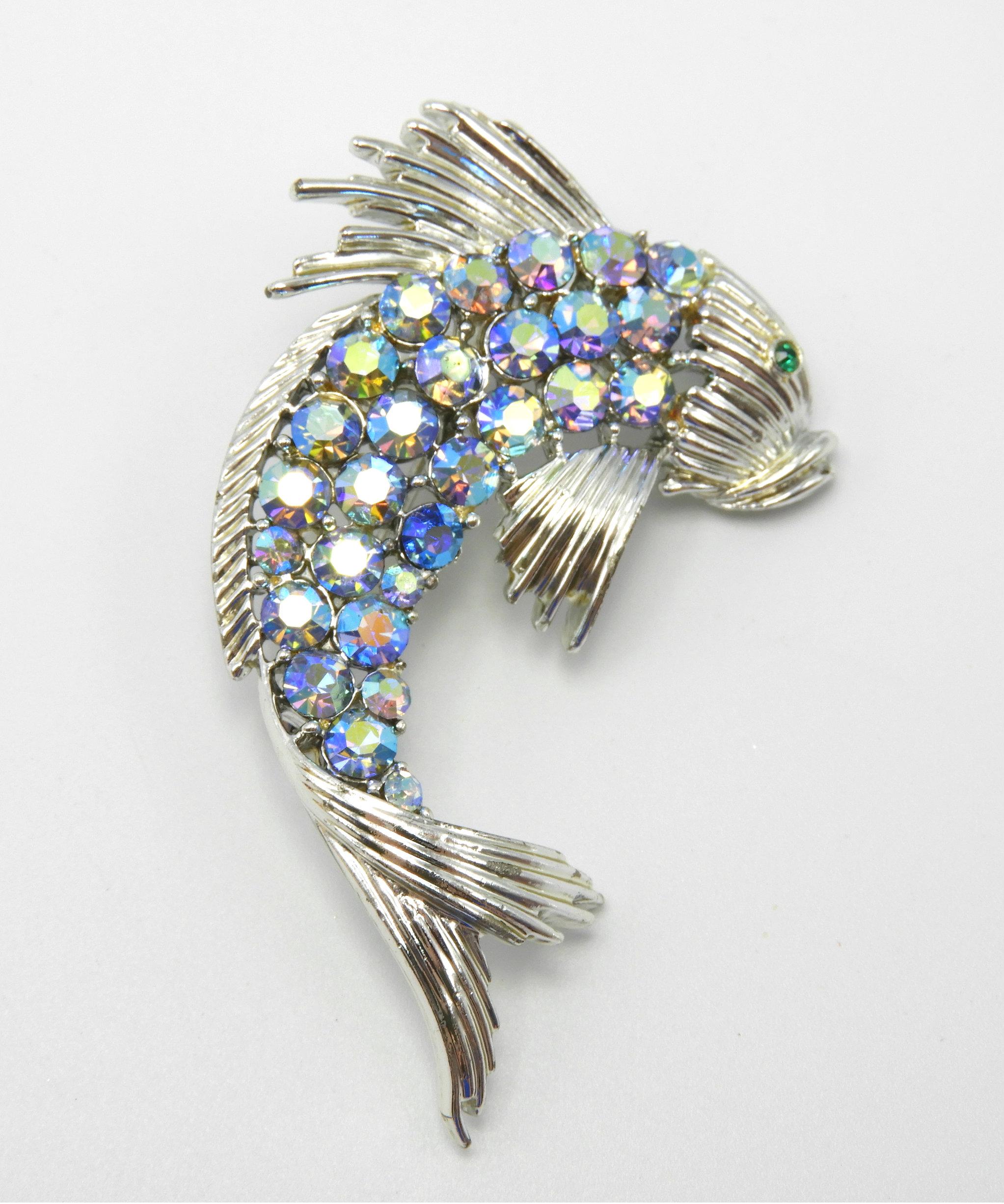 Vintage Coro Pegasus Silvertone and AB Rhinestone Fish Brooch and Earring Set