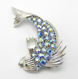 Vintage Coro Pegasus Silvertone and AB Rhinestone Fish Brooch and Earring Set