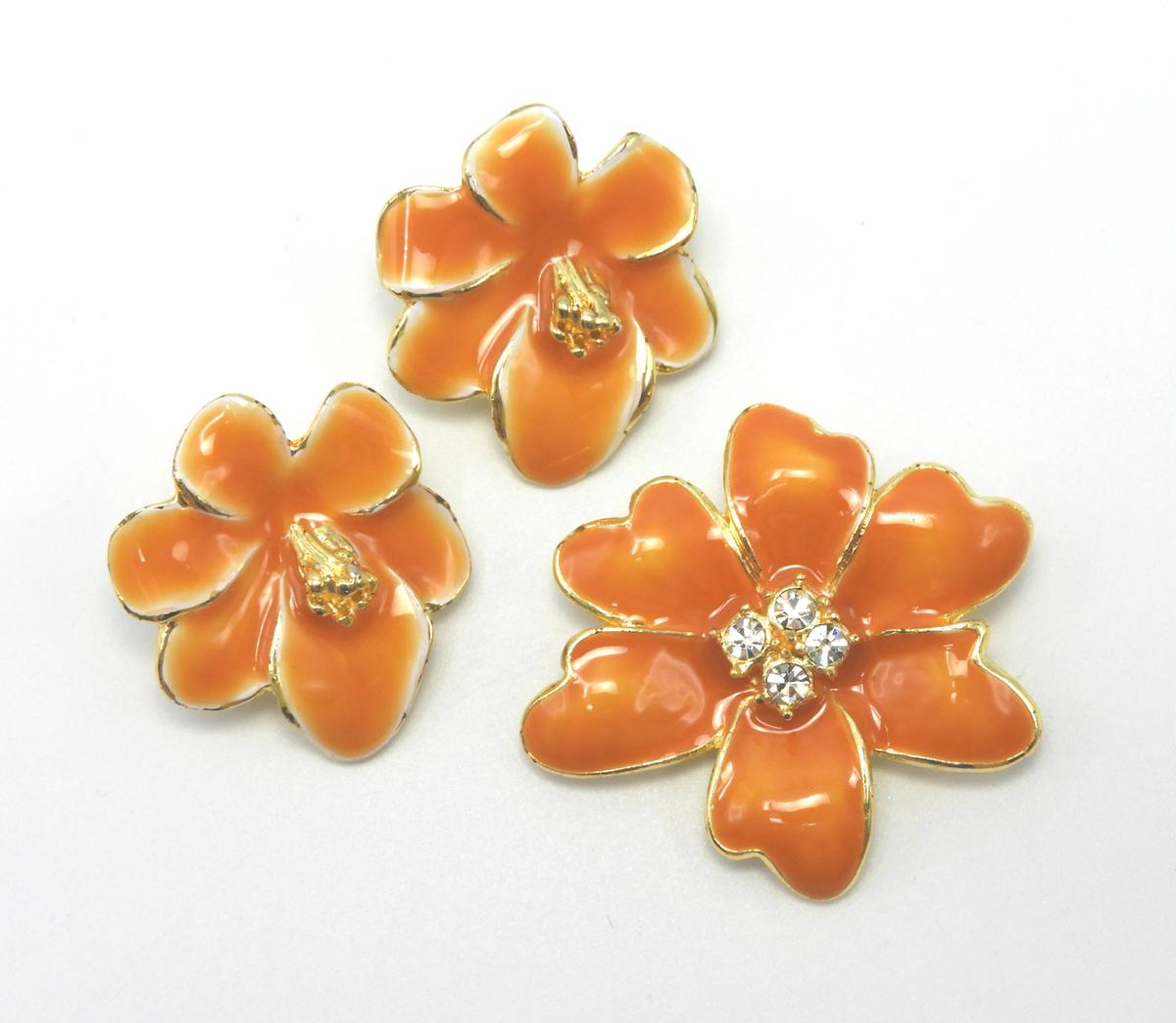 Enameled Flower Brooch and Earring Set