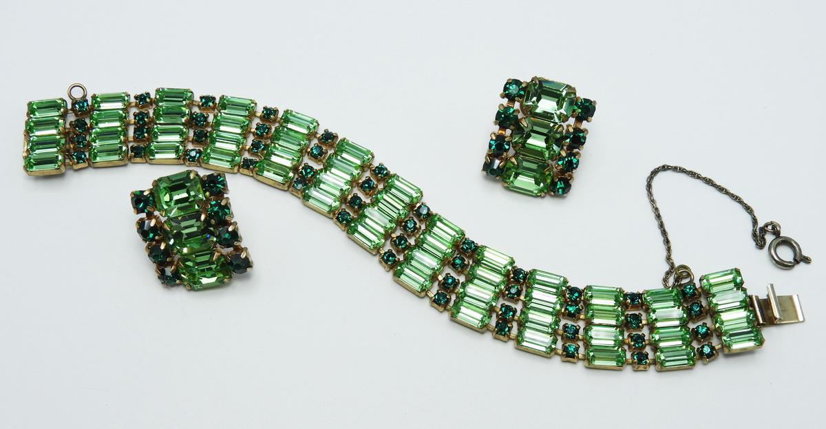 Vintage Green Baguette Rhinestone Bracelet and Earring Set