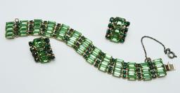 Vintage Green Baguette Rhinestone Bracelet and Earring Set