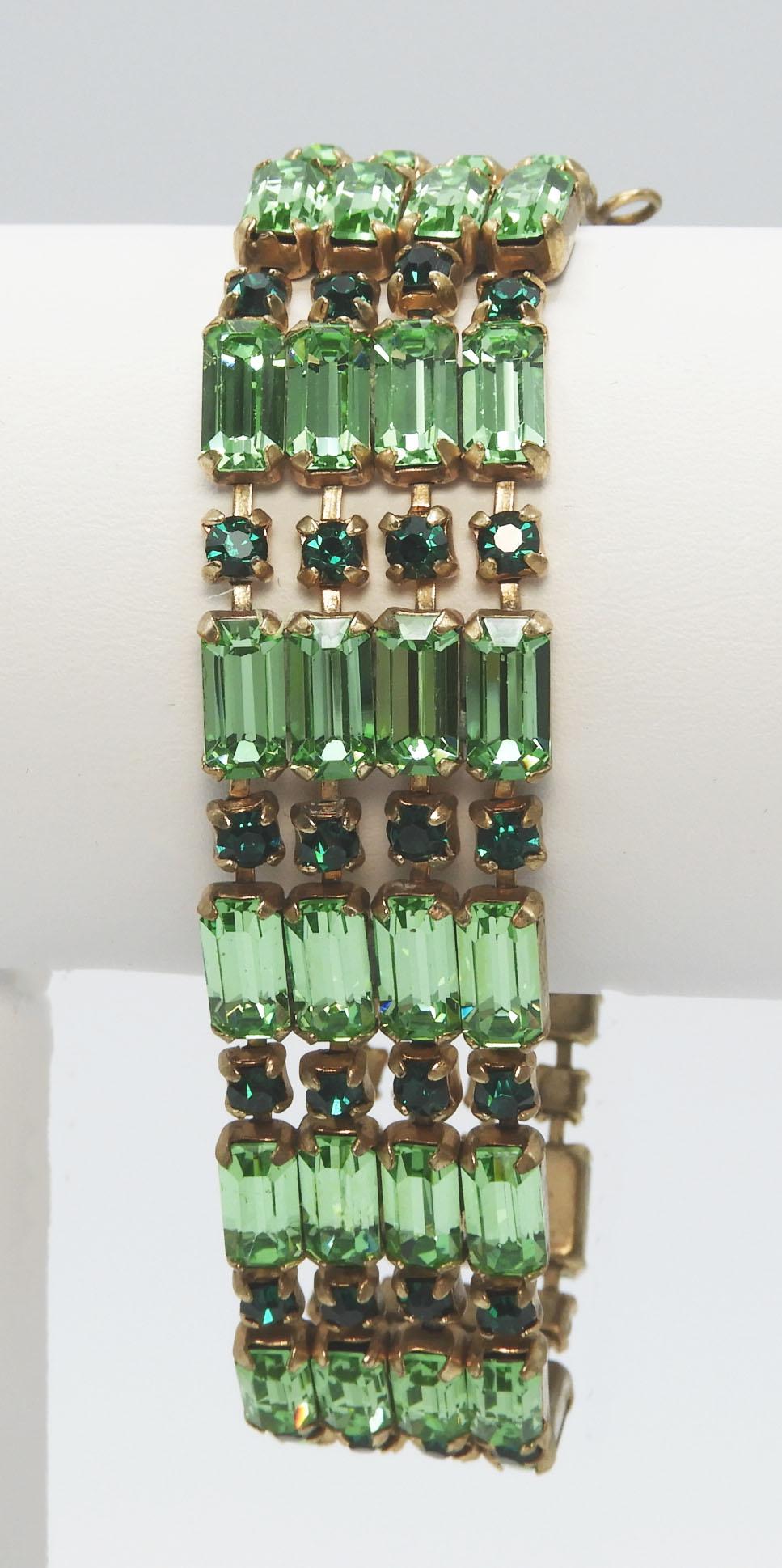 Vintage Green Baguette Rhinestone Bracelet and Earring Set